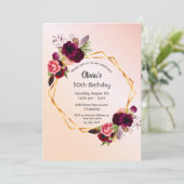 50歳の誕生日ブルゴーニュ花模様バラ金ゴールド幾何学的 招待状 (スタンド正面)