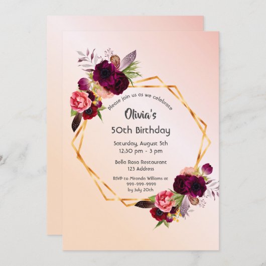 50歳の誕生日ブルゴーニュ花模様バラ金ゴールド幾何学的 招待状 (正面/裏面)