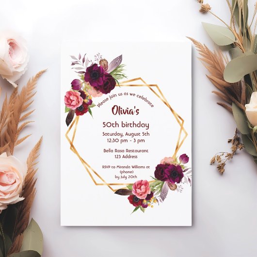 50歳の誕生日ブルゴーニュ花模様金ゴールド幾何学 招待状