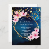 50歳の誕生日ブルー金ゴールドピンク花模様幾何学的 ポストカード (正面/裏面)