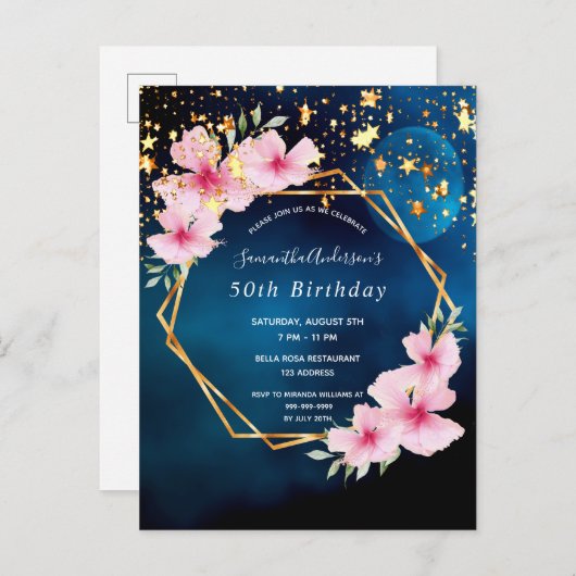 50歳の誕生日ブルー金ゴールドピンク花模様幾何学的 ポストカード (正面/裏面)