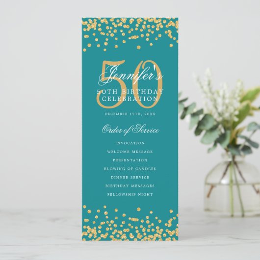 50歳の誕生日プログラムメニュー Thank U ゴールド ティール 招待状 (スタンド正面)