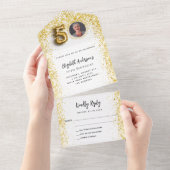 50歳の誕生日ホワイト金ゴールド写真パーティーRSVP オールインワン招待状 (貼ってはがせる)