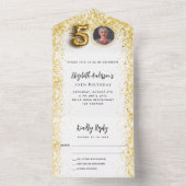 50歳の誕生日ホワイト金ゴールド写真パーティーRSVP オールインワン招待状 (内側)