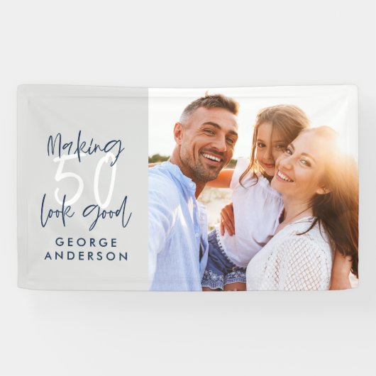 50歳の誕生日モダングレーとネイビーブルーの写真 横断幕 (横)