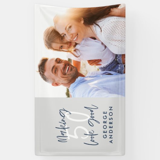 50歳の誕生日モダングレーとネイビーブルーの写真 横断幕 (縦)