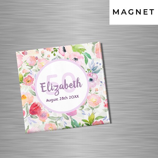 50歳の誕生日ロマンチックな水色のピンクの花模様 マグネット