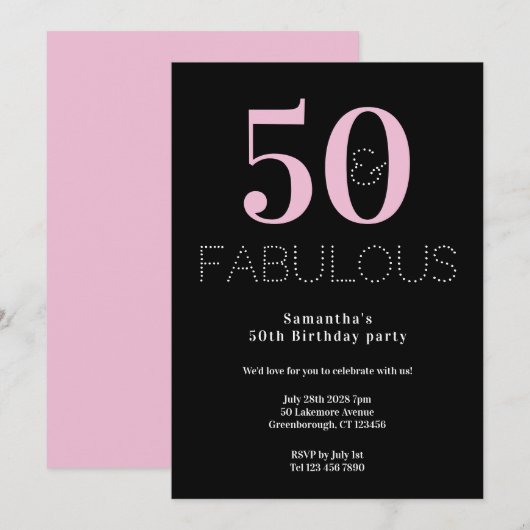 50歳の誕生日会 ブラック ピンク モダンパーティー 招待状 (正面/裏面)