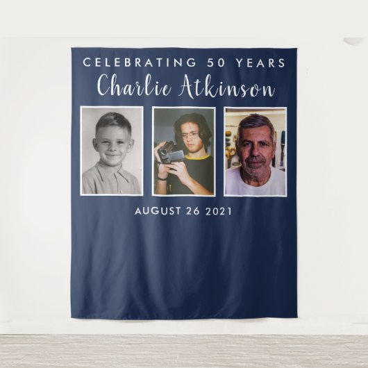 50歳の誕生日写真コラージュ背景バナー タペストリー (正面)