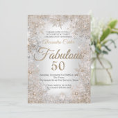 50歳の誕生日写真 銀色 ベージュの雪の結晶 招待状 (スタンド正面)