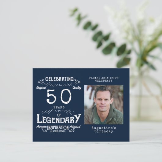 50歳の誕生日写真 青いヴィンテージの誕生日招待状 ポストカード (スタンド正面)