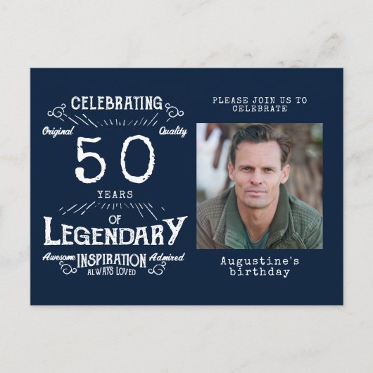 50歳の誕生日写真 青いヴィンテージの誕生日招待状 ポストカード (正面)