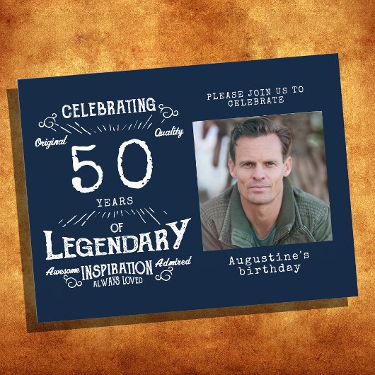 50歳の誕生日写真 青いヴィンテージの誕生日招待状 ポストカード