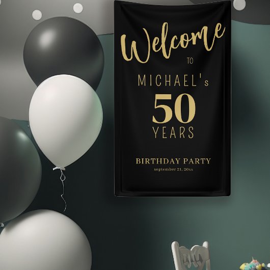 50歳の誕生日名前パーソナライズブラックゴールド 横断幕