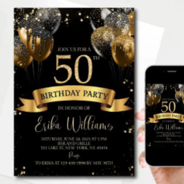50歳の誕生日招待状テンプレート：ブラックゴールドボール 招待状
