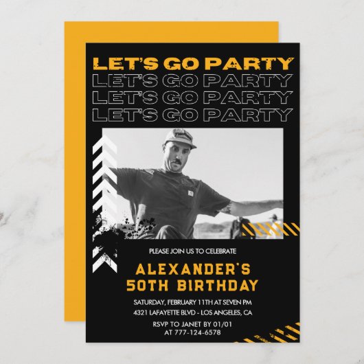 50歳の誕生日招待状メンズフォトスプレ絵を描ー 招待状 (正面/裏面)