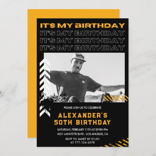 50歳の誕生日招待状メンズフォトスプレ絵を描ー 招待状 (正面/裏面)