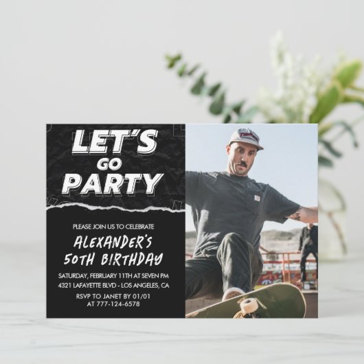 50歳の誕生日招待状メンズブラック写真 招待状 (スタンド正面)
