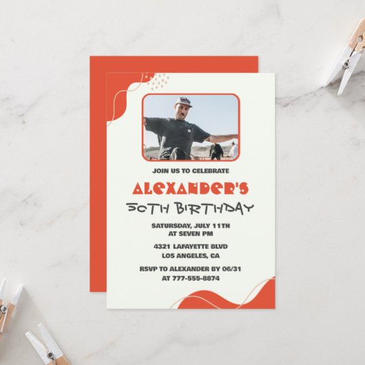 50歳の誕生日招待状メンズレッドシンプル写真 招待状 (正面/裏面インサイチュ)