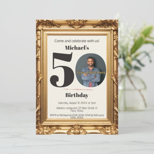 50歳の誕生日招待状：あなたの写真を置く， QR 招待状 (スタンド正面)
