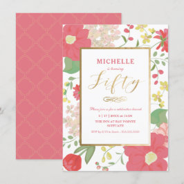 50歳の誕生日招待状 - ゴールド、エレガントな花模様 招待状