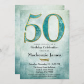 50歳の誕生日招待状 ターコイズブルー ゴールド 大人 招待状 (正面/裏面)