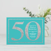 50歳の誕生日招待状 ティールとシルバーのグリッター 招待状 (スタンド正面)