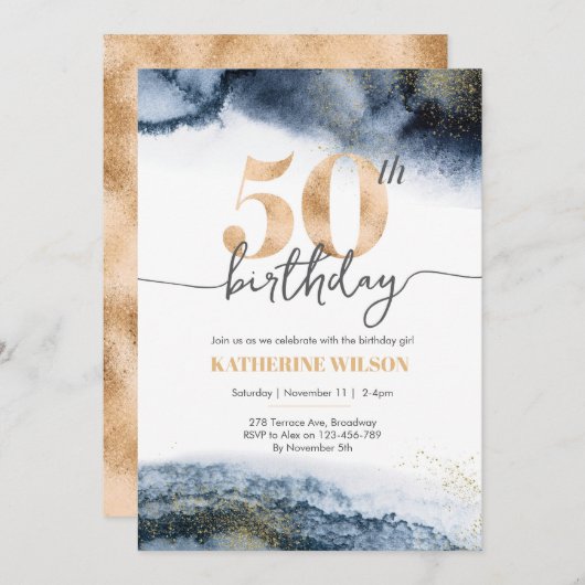 50歳の誕生日招待状 ネイビー水彩とゴールド 招待状 (正面/裏面)
