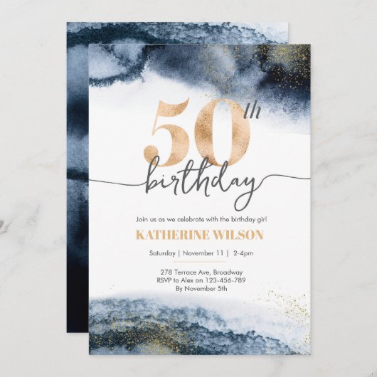 50歳の誕生日招待状 ネイビー 水彩とゴールド 招待状 (正面/裏面)