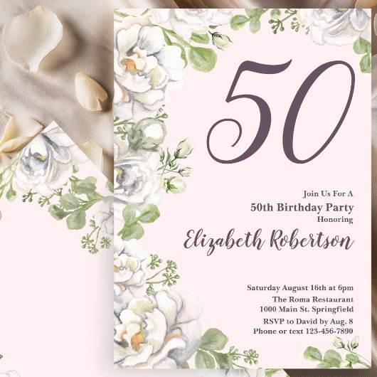 50歳の誕生日招待状 ピンクの芍薬の花 招待状