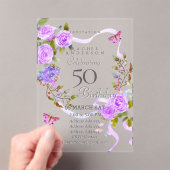 50歳の誕生日招待状 - 紫のバラのリボン アクリル招待状 (インサイチュ (ポータブル))
