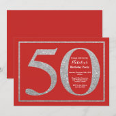 50歳の誕生日招待状 赤と銀のグリッター 招待状 (正面/裏面)