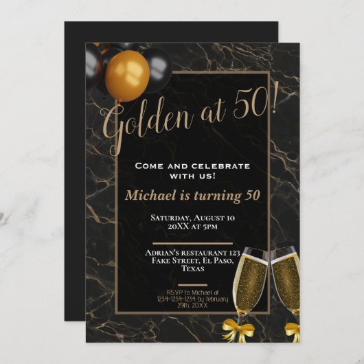 50歳の誕生日招待状: 50歳のゴールデンアットQR 招待状 (正面/裏面)