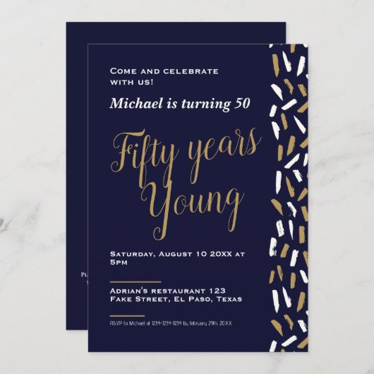 50歳の誕生日招待状:50歳の若さ、QR 招待状 (正面/裏面)