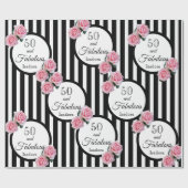 50歳の誕生日白黒ストライプピンク花模様 ラッピングペーパー (フラット)
