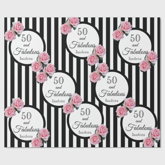 50歳の誕生日白黒ストライプピンク花模様 ラッピングペーパー (フラット)