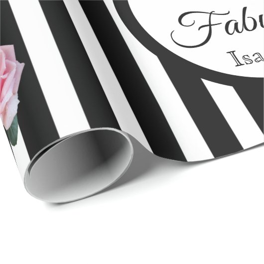 50歳の誕生日白黒ストライプピンク花模様 ラッピングペーパー (ロールコーナー)