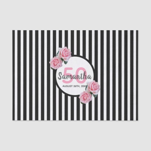 50歳の誕生日白黒ストライプピンク花模様 薄葉紙 (正面)