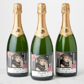 50歳の誕生日白黒ストライプフローラ写真 スパークリングワインラベル (ボトル)