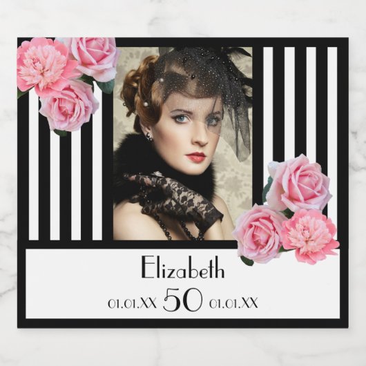 50歳の誕生日白黒ストライプフローラ写真 スパークリングワインラベル (シングルラベル)