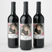 50歳の誕生日白黒ストライプフローラ写真 ワインラベル (ボトル)