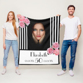 50歳の誕生日白黒ストライプ花模様写真 フリースブランケット