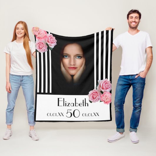 50歳の誕生日白黒ストライプ花模様写真 フリースブランケット (インサイチュ)