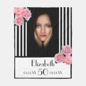 50歳の誕生日白黒ストライプ花模様写真 フリースブランケット (正面)