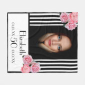 50歳の誕生日白黒ストライプ花模様写真 フリースブランケット (正面(横))