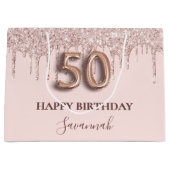 50歳の誕生日赤面ピンクグリッタードリップバラ金ゴールド ラージペーパーバッグ (正面)