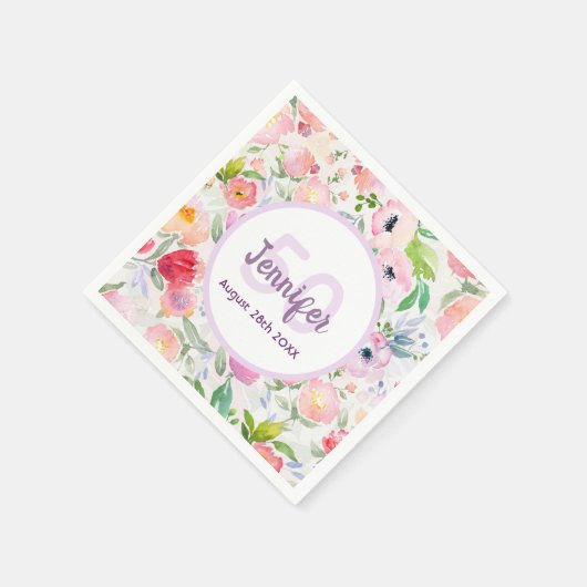 50歳の誕生日赤面ピンク花模様名 スタンダードカクテルナプキン (角)