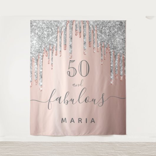 50歳の誕生日輝くローズゴールドシルバー タペストリー (正面)