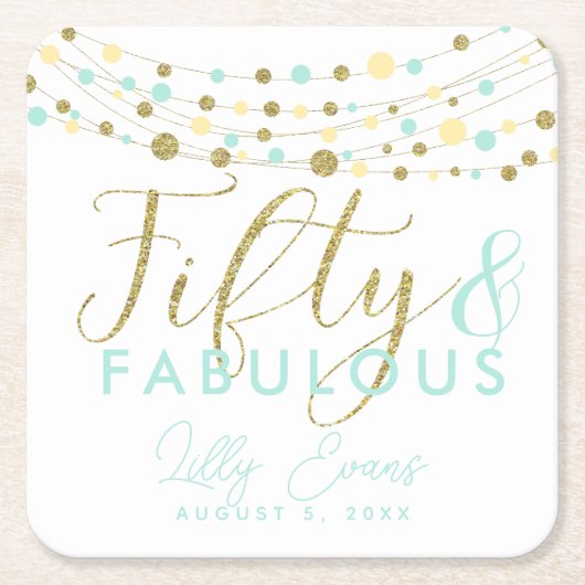 50歳の誕生日金ゴールドとティール（緑がかった色）コースターカスタマイズ スクエアペーパーコースター (正面)