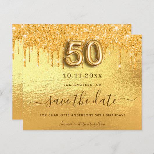 50歳の誕生日金ゴールドの乾燥は日付カードを保存する (正面/裏面)